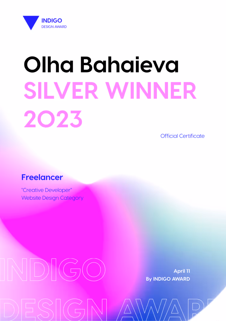 Certificate for Olha Bahaieva as Silver Winner 2023 in Website Design category by Indigo Design Award.