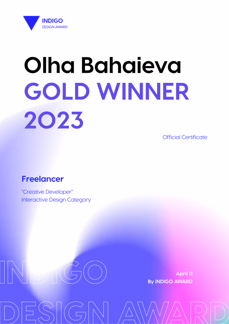 Certificate showing Olha Bahaieva as the Gold Winner of the 2023 Indigo Design Award for Freelance in the Creative Developer Interactive Design Category, dated April 11.