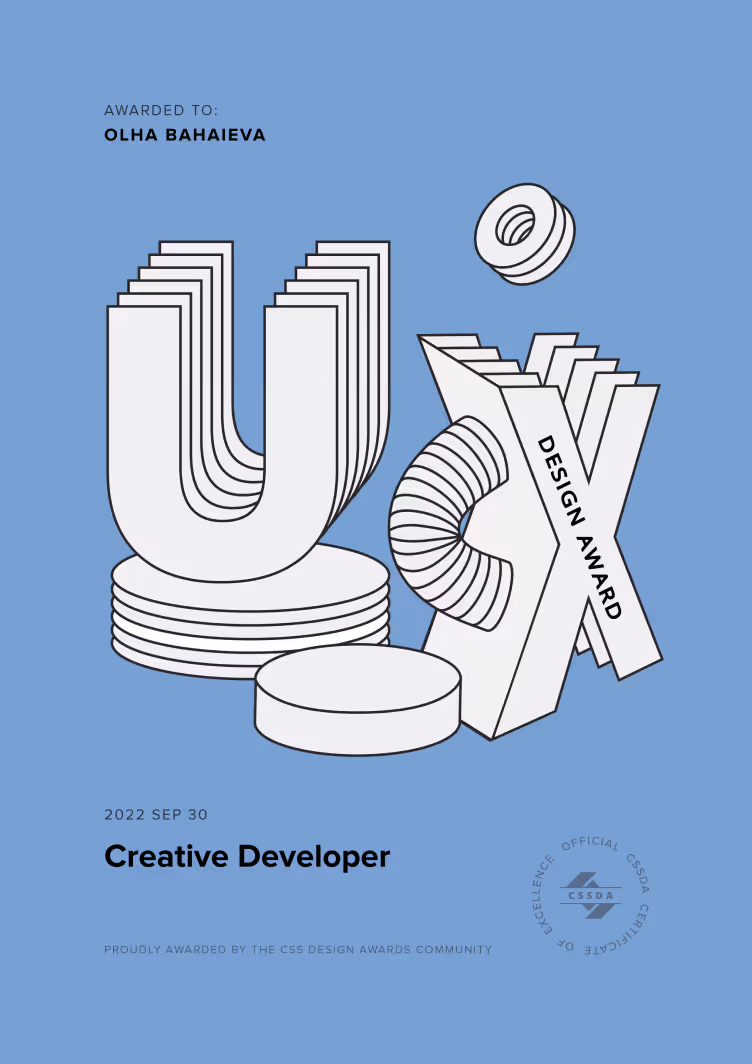 Certificate with 3D block letters spelling UX, one letter labeled DESIGN AWARD, awarded to Olha Bahaieva for Creative Developer dated 2022 Sep 30 with CSS Design Awards logo.