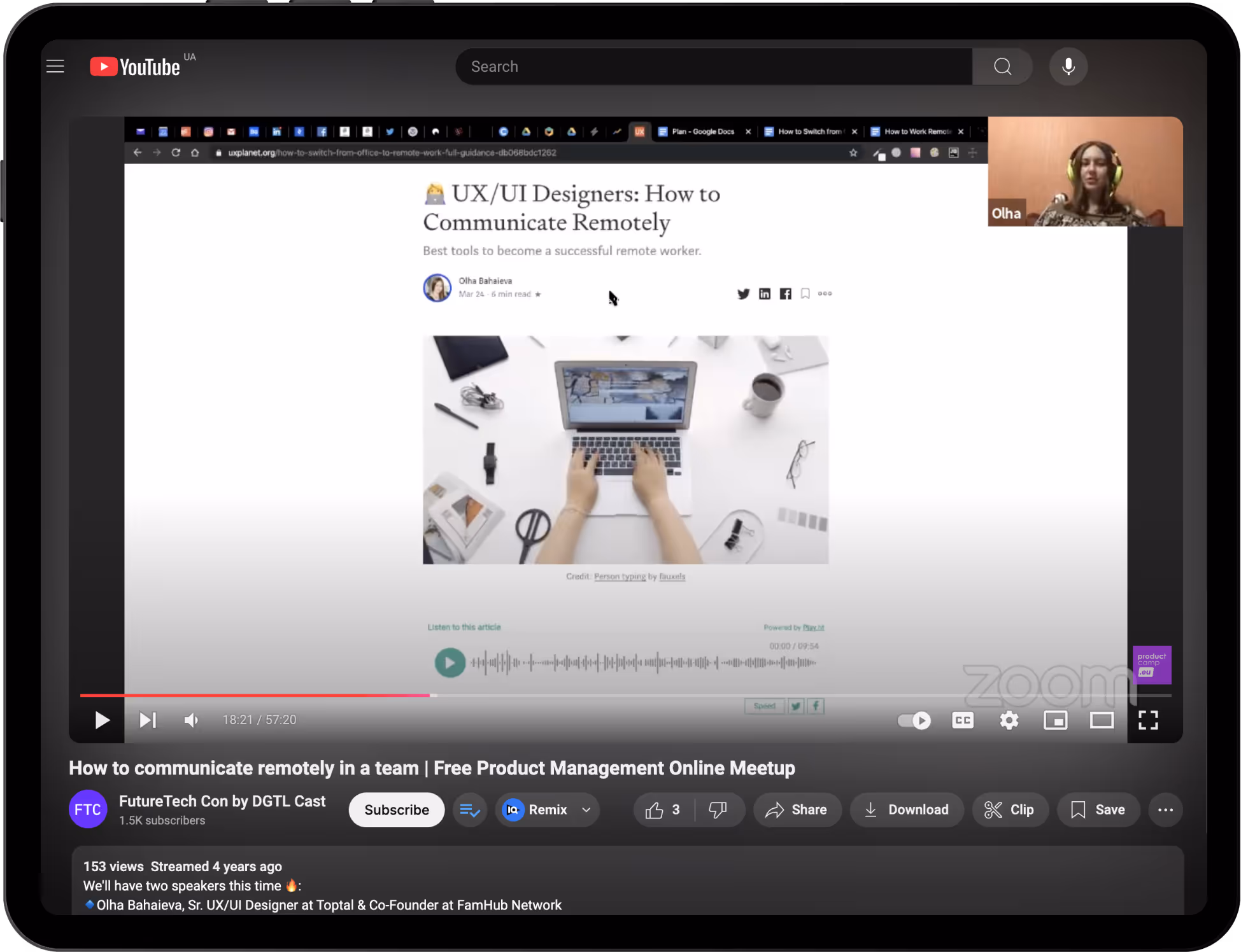 YouTube video titled 'How to communicate remotely in a team' showing a presentation slide about UX/UI remote communication and a speaker wearing green headphones.