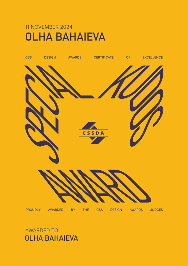 CSS Design Awards certificate of excellence awarded to Olha Bahaieva on 11 November 2024 with a stylized text design framing CSSDA logo.