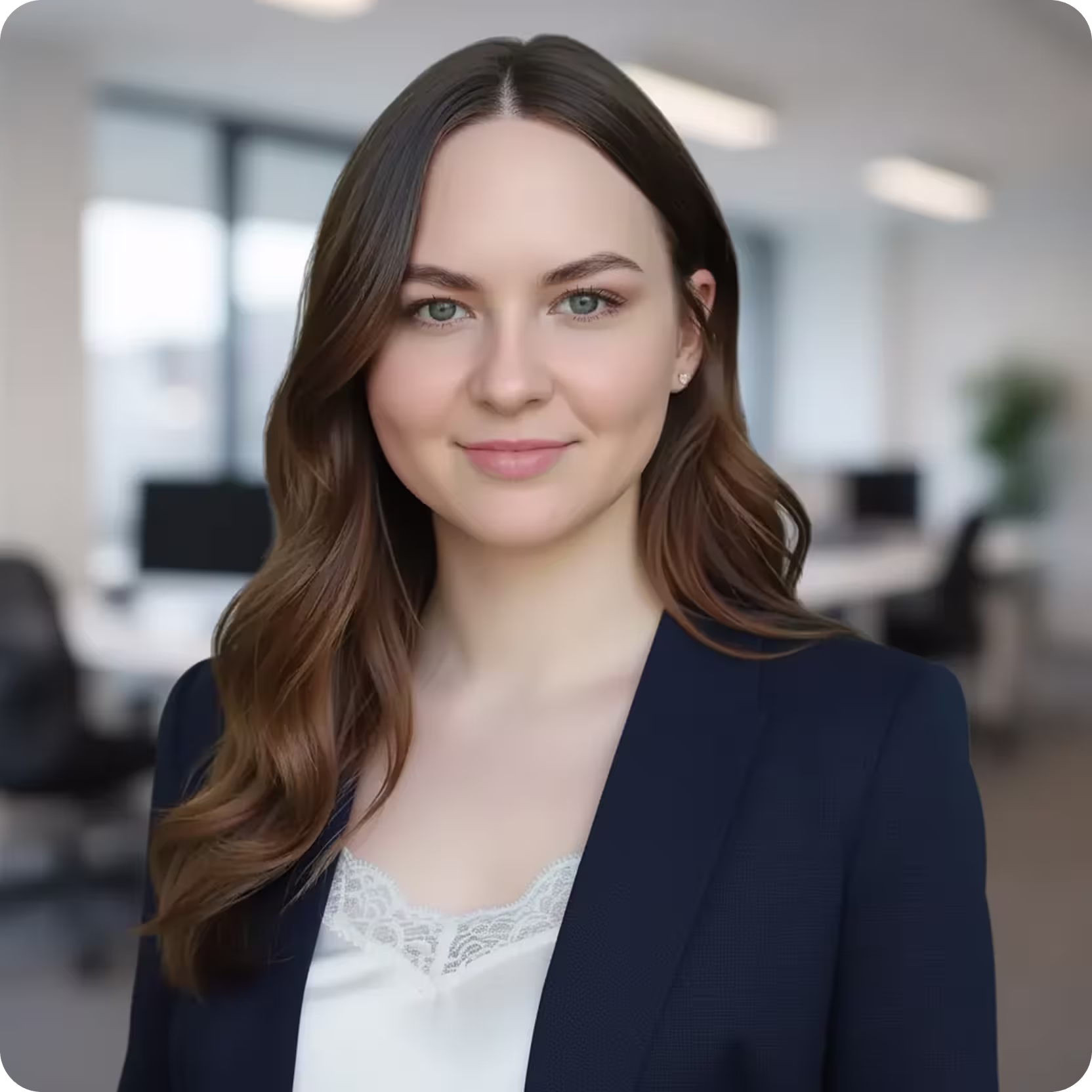 Smiling young woman with long brown hair wearing a navy blazer and white lace top in a blurred office setting.