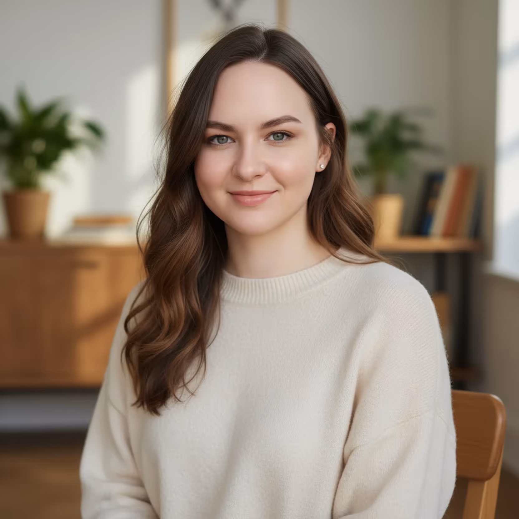 Smiling young woman with long brown hair wearing a cream sweater seated indoors with plants and books in the background.