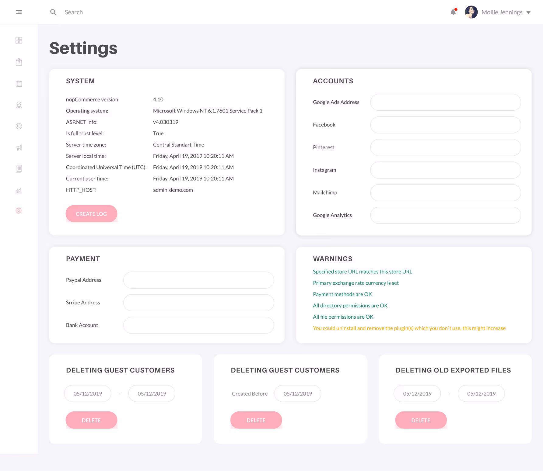 Settings page of a software dashboard showing system info, account fields, payment options, warnings, and sections for deleting guest customers and old exported files with delete buttons.