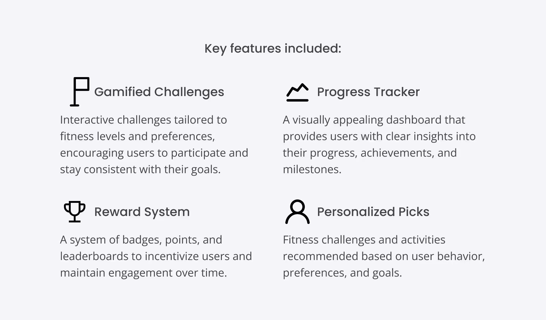 List of key fitness app features including Gamified Challenges, Progress Tracker, Reward System, and Personalized Picks with brief descriptions.