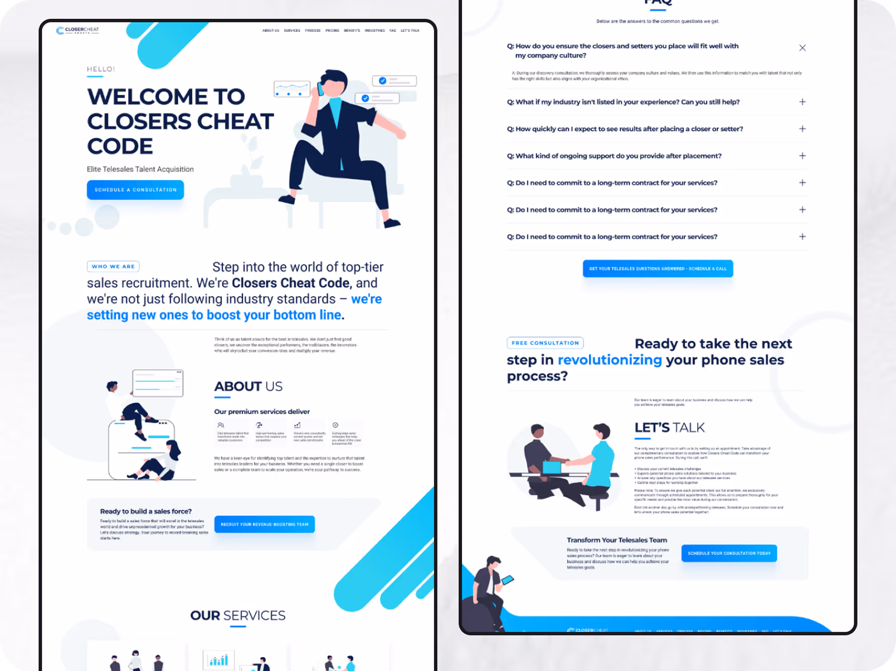 Website landing page for Closers Cheat Code featuring elite telesales talent acquisition, service details, FAQ, and consultation call to actions with illustrations of people working.