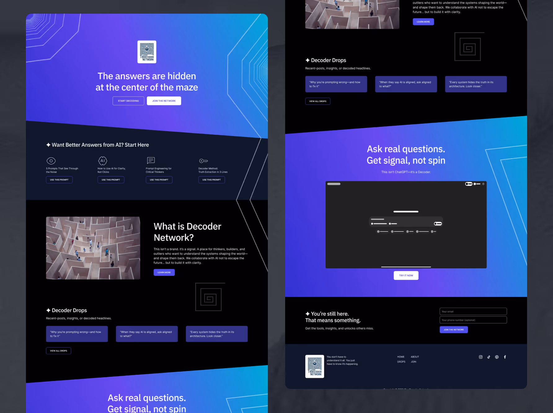 Website interface showcasing Decoder Network with a maze image, sections on AI answers, Decoder Drops headlines, and prompts to ask real questions.