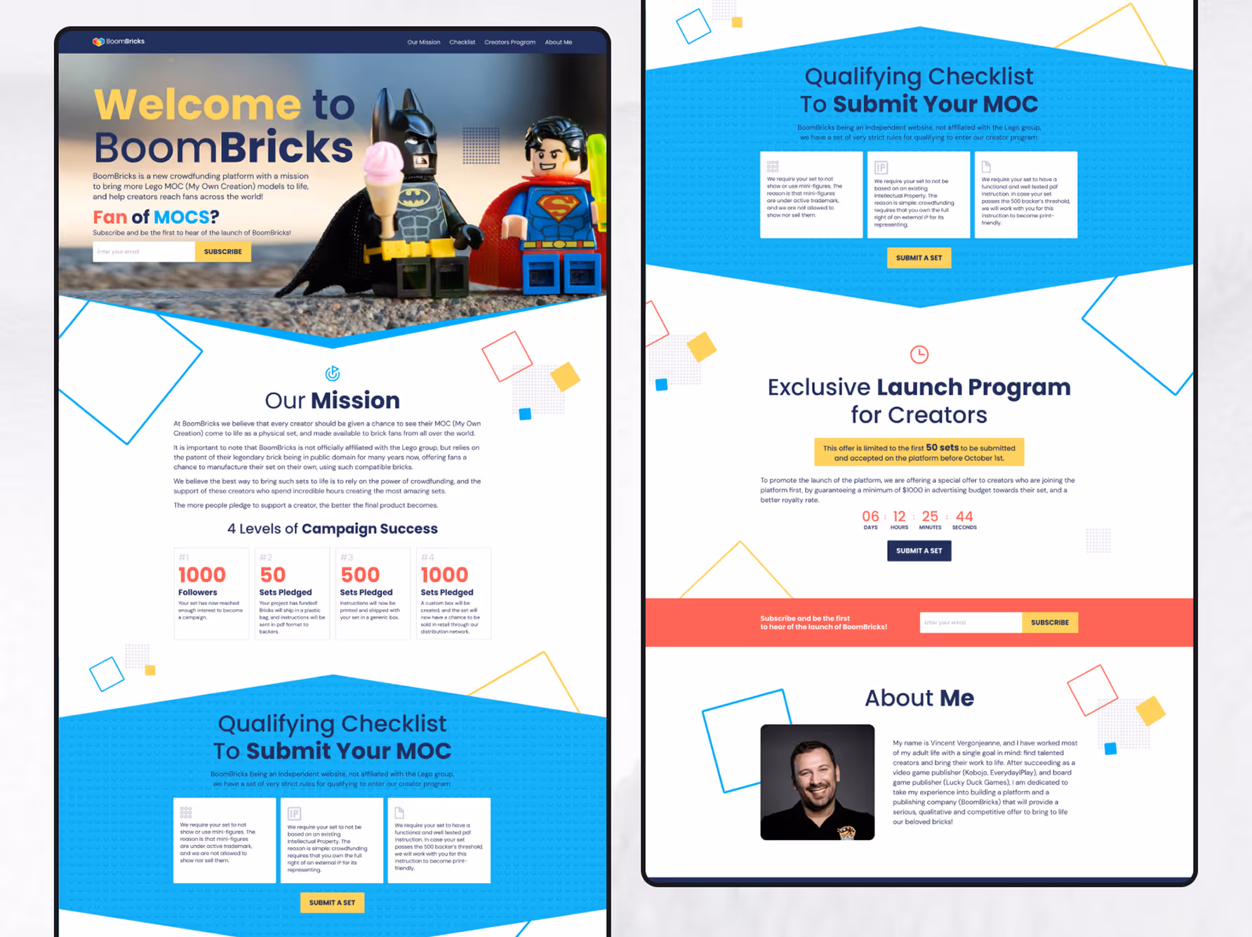 Two-page web design with a welcome message for BoomBricks featuring Lego Batman and Superman figures, campaign success levels, qualifying checklist to submit MOCs, exclusive launch program details, and an about me section with a portrait photo.