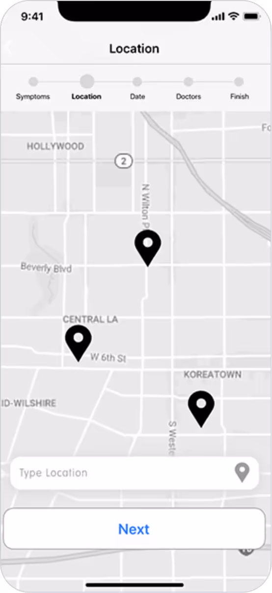 Mobile app screen showing a map with three location pins in Los Angeles and a search bar with a 'Next' button below.