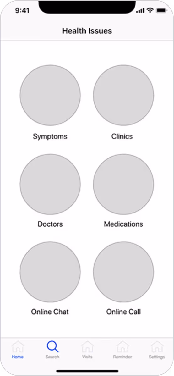 Mobile app screen titled Health Issues displaying six options: Symptoms, Clinics, Doctors, Medications, Online Chat, and Online Call, with navigation icons at the bottom.