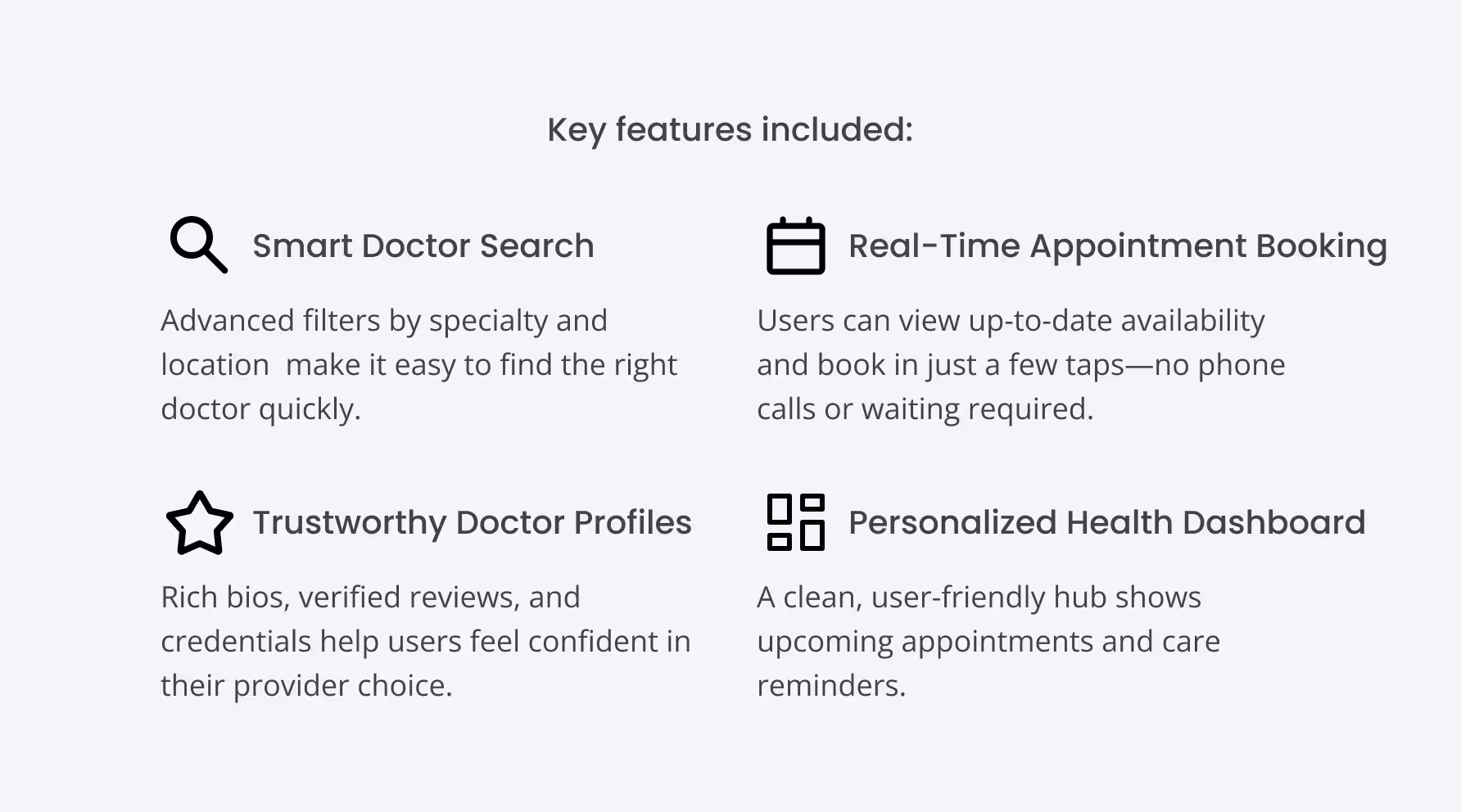 List of key features including Smart Doctor Search with advanced filters, Real-Time Appointment Booking without calls, Trustworthy Doctor Profiles with verified reviews, and Personalized Health Dashboard showing appointments and reminders.