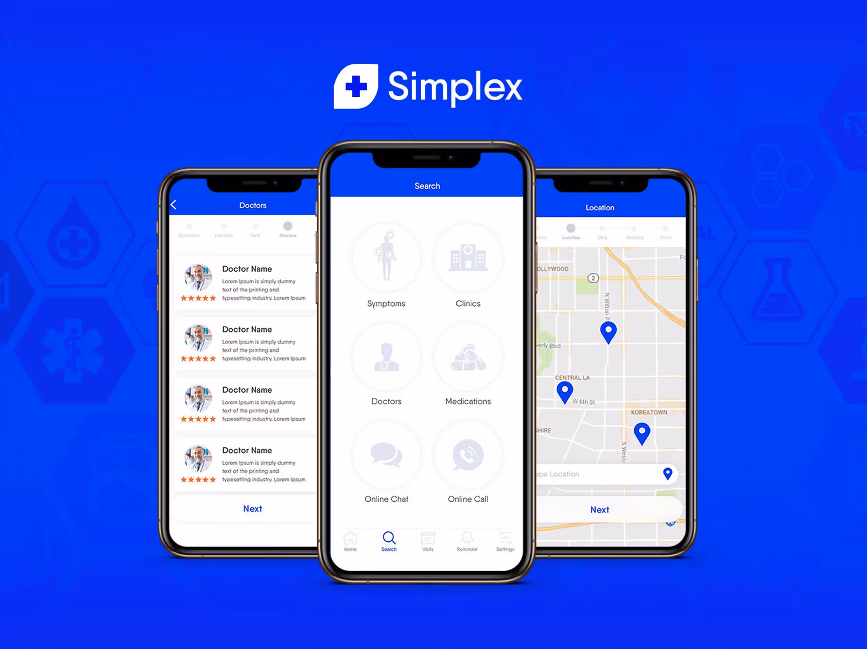 Three smartphones displaying the Simplex medical app interface with screens for searching symptoms, clinics, doctors, medications, and a map with location markers.