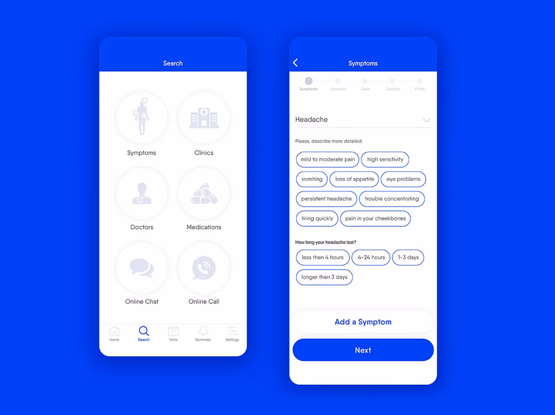 Mobile app interface with two screens: left screen shows options for Symptoms, Clinics, Doctors, Medications, Online Chat, and Online Call; right screen allows detailed headache symptom input with options like pain intensity, vomiting, eye problems, headache duration, and buttons to add symptoms or proceed.