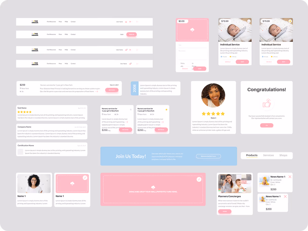 User interface design system layout showing various UI components including navigation bars, product cards, user profiles, forms, buttons, and notification messages on a light gray background.