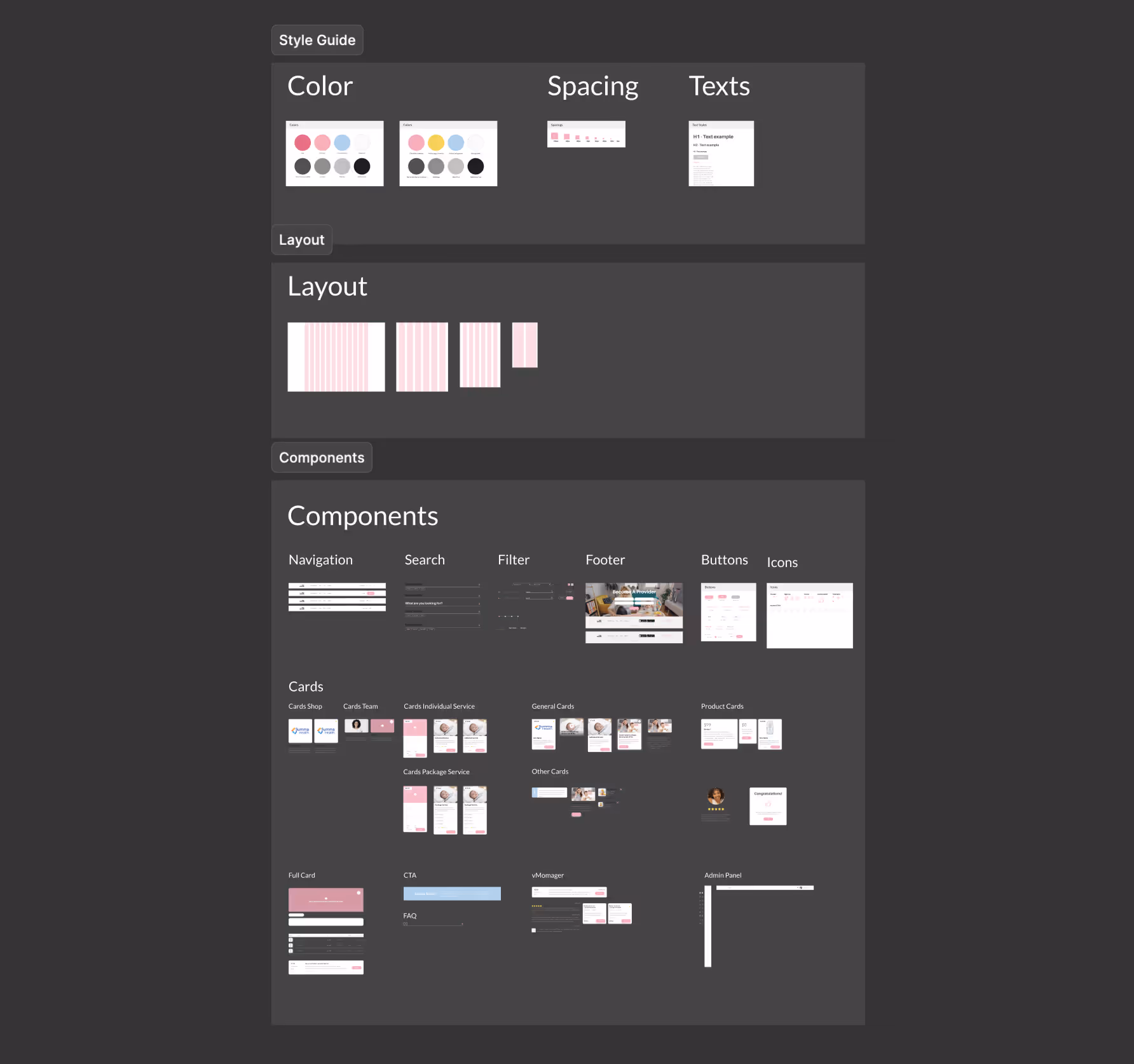 User interface style guide with sections for color palettes, spacing, text styles, layout grids, and various UI components including navigation, search, filter, footer, buttons, icons, and different types of cards.