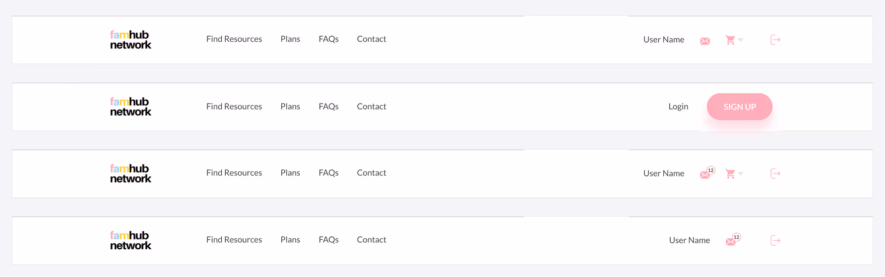 Four variations of Fam Hub Network website header with navigation links, user info, and icons for messages, cart, and logout.