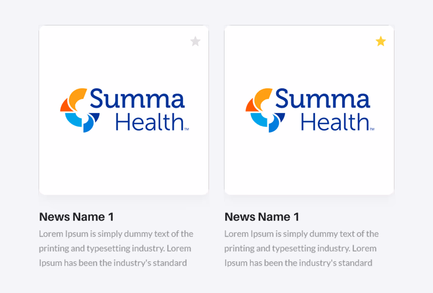 Two cards featuring the Summa Health logo with the headline 'News Name 1' and dummy text below; the right card has a yellow star in the top right corner, the left card has a gray star.
