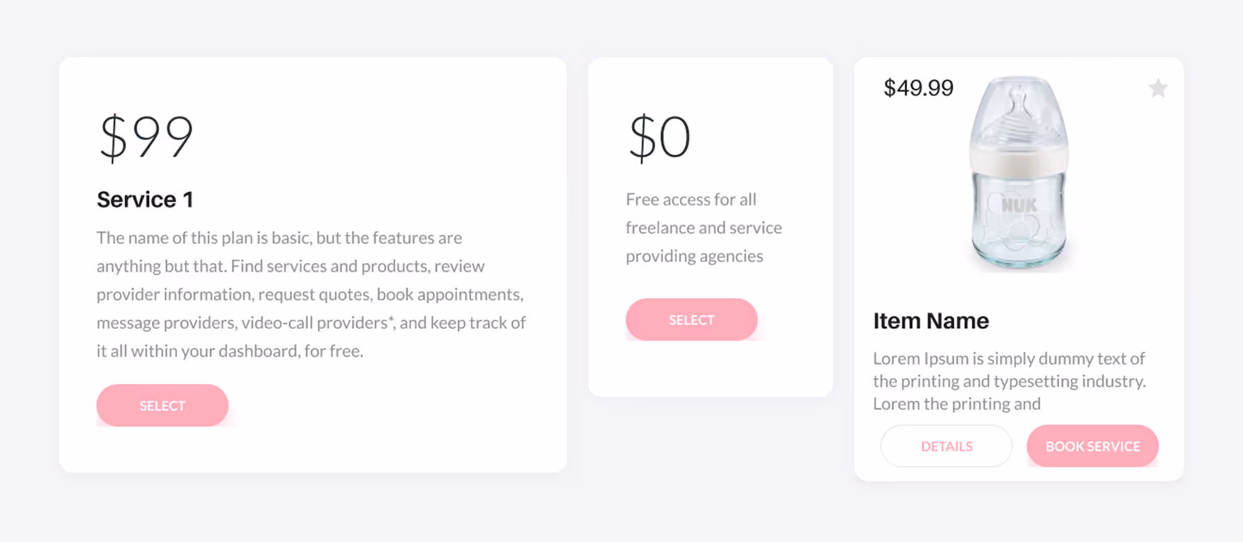 Three service cards showing pricing and details; $99 Service 1 with detailed description and select button, $0 free access card with select button, $49.99 item card with a baby bottle image, item details, and buttons for details and booking service.