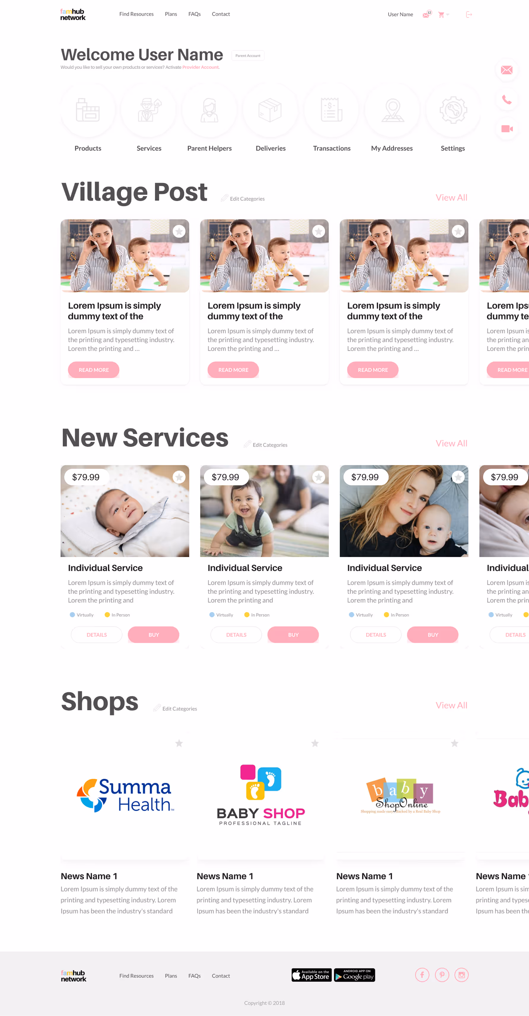User account dashboard showing categories like Products, Services, Parent Helpers, Deliveries, Transactions, and Settings; sections for Village Post with multiple posts featuring a woman and a baby, New Services with baby-related services priced at $79.99, and Shops with logos for Summa Health, Baby Shop, Baby Shop Online, and Baby.