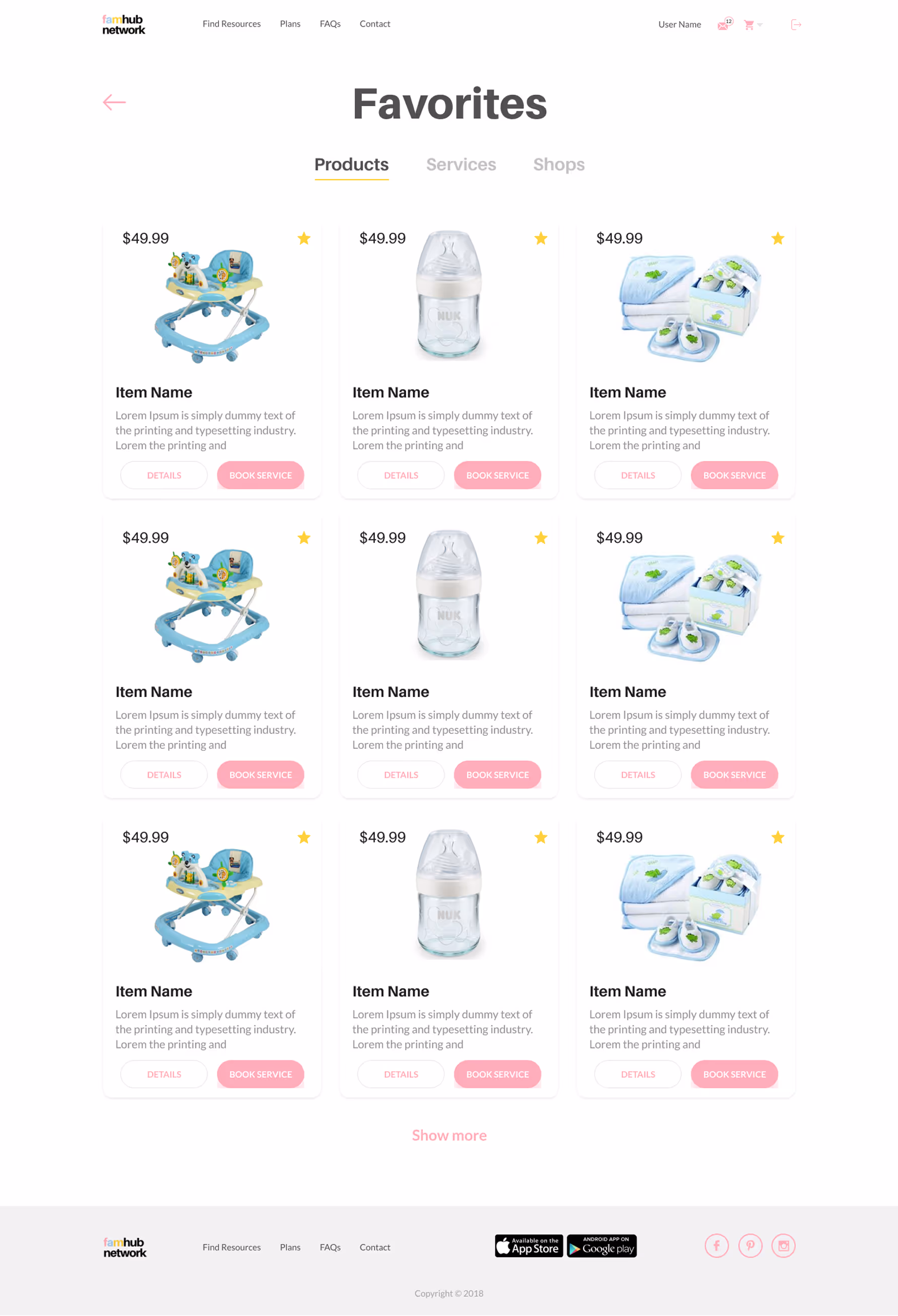 Favorites page showing a 3x3 grid of baby products including blue baby walkers, clear baby bottles, and blue baby gift sets, each priced at $49.99 with details and book service buttons.