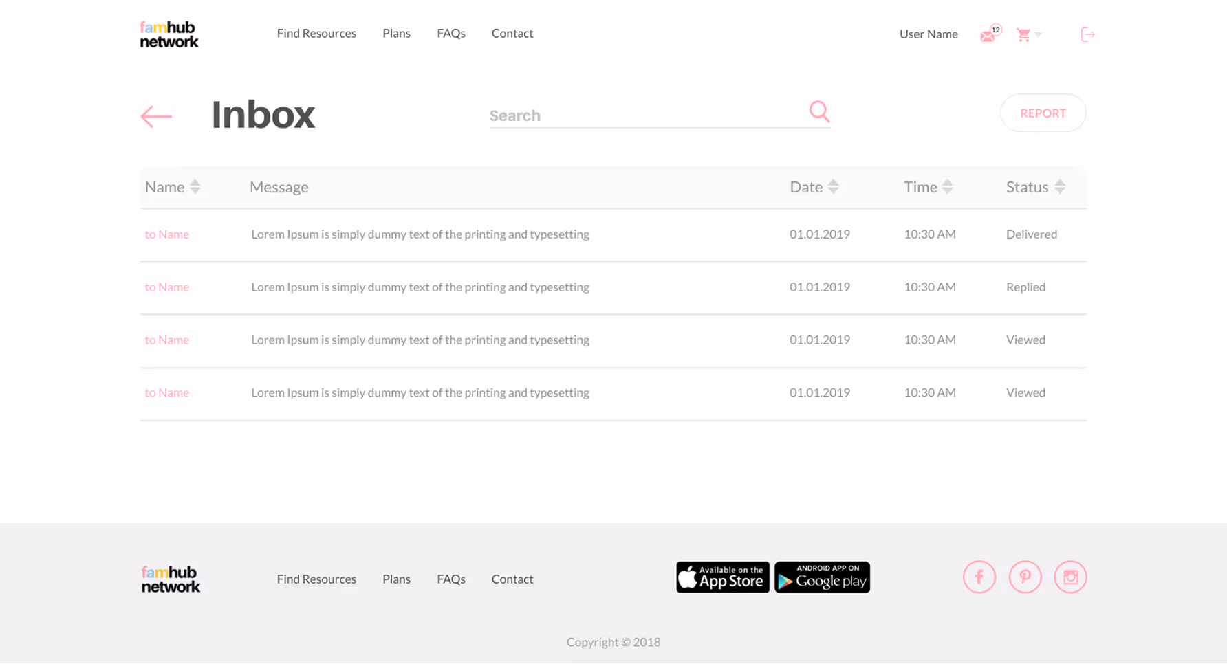 Inbox interface of famhub network showing a list of messages with columns for Name, Message preview, Date, Time, and Status.