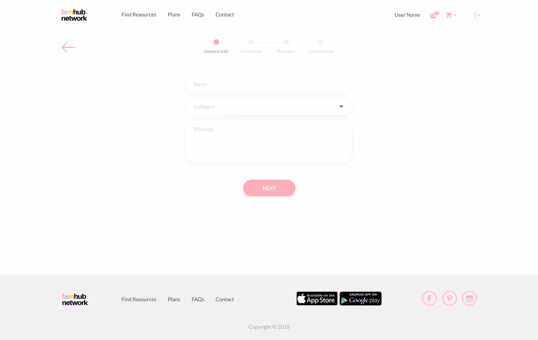 FamHub Network webpage showing a form with fields for Name, Category, and Message under the General Info step with a pink Next button.