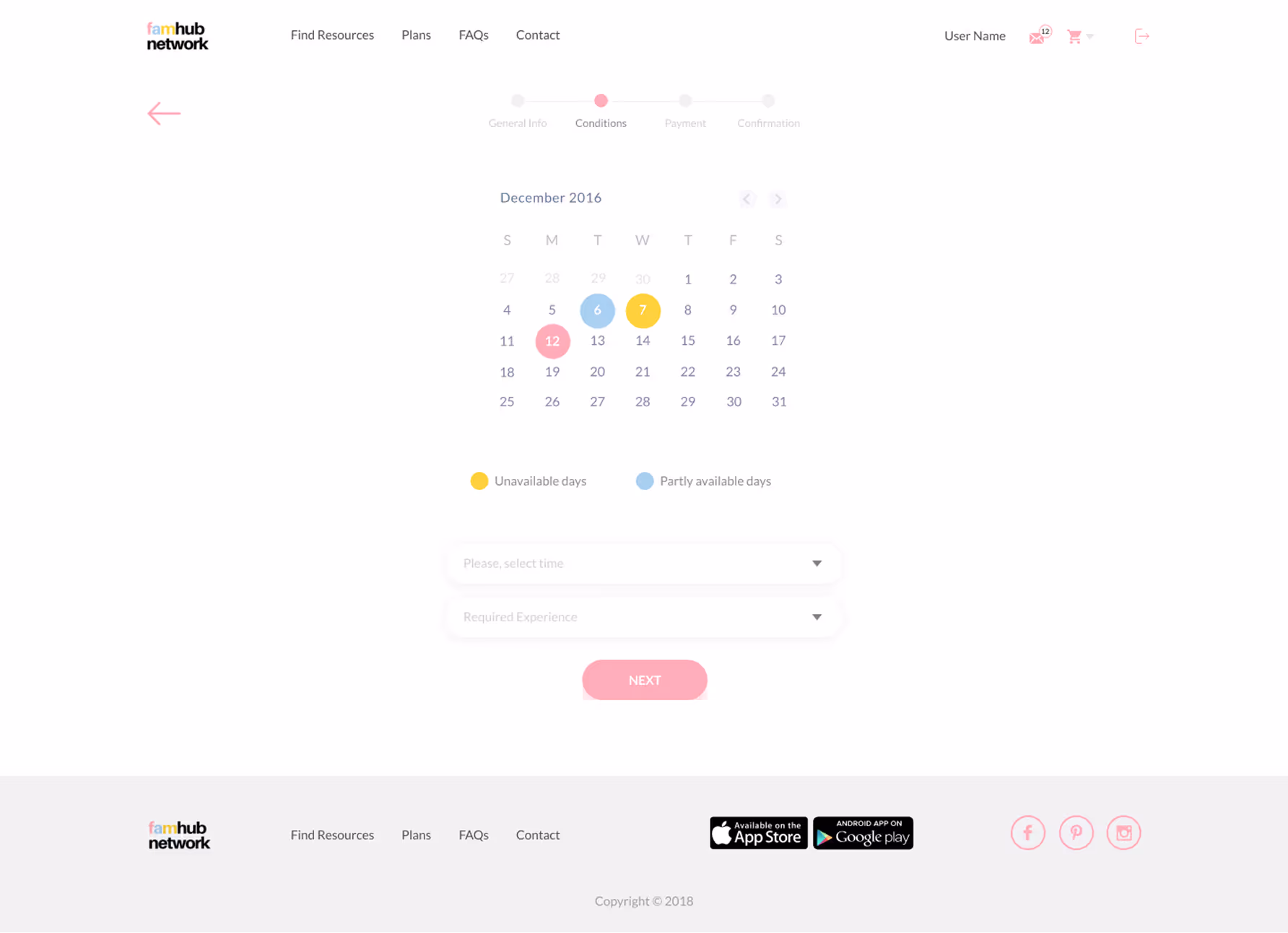 Online booking interface with a December 2016 calendar highlighting partly available days in blue, unavailable days in yellow, and a selected day in pink, along with dropdown menus for time and experience, and a pink Next button.