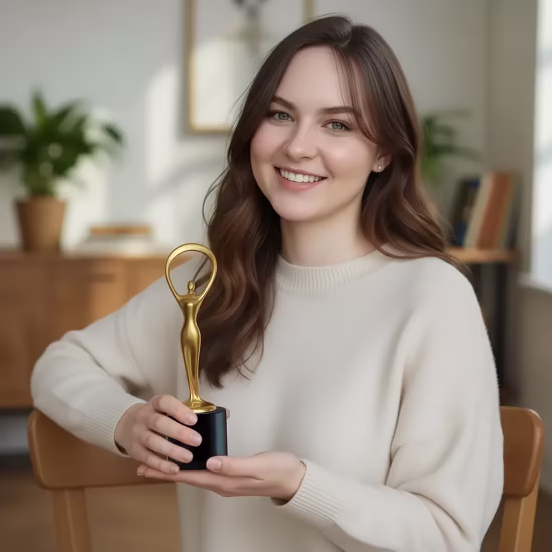 Smiling young woman in a light sweater holding a golden award statue with a black base.
