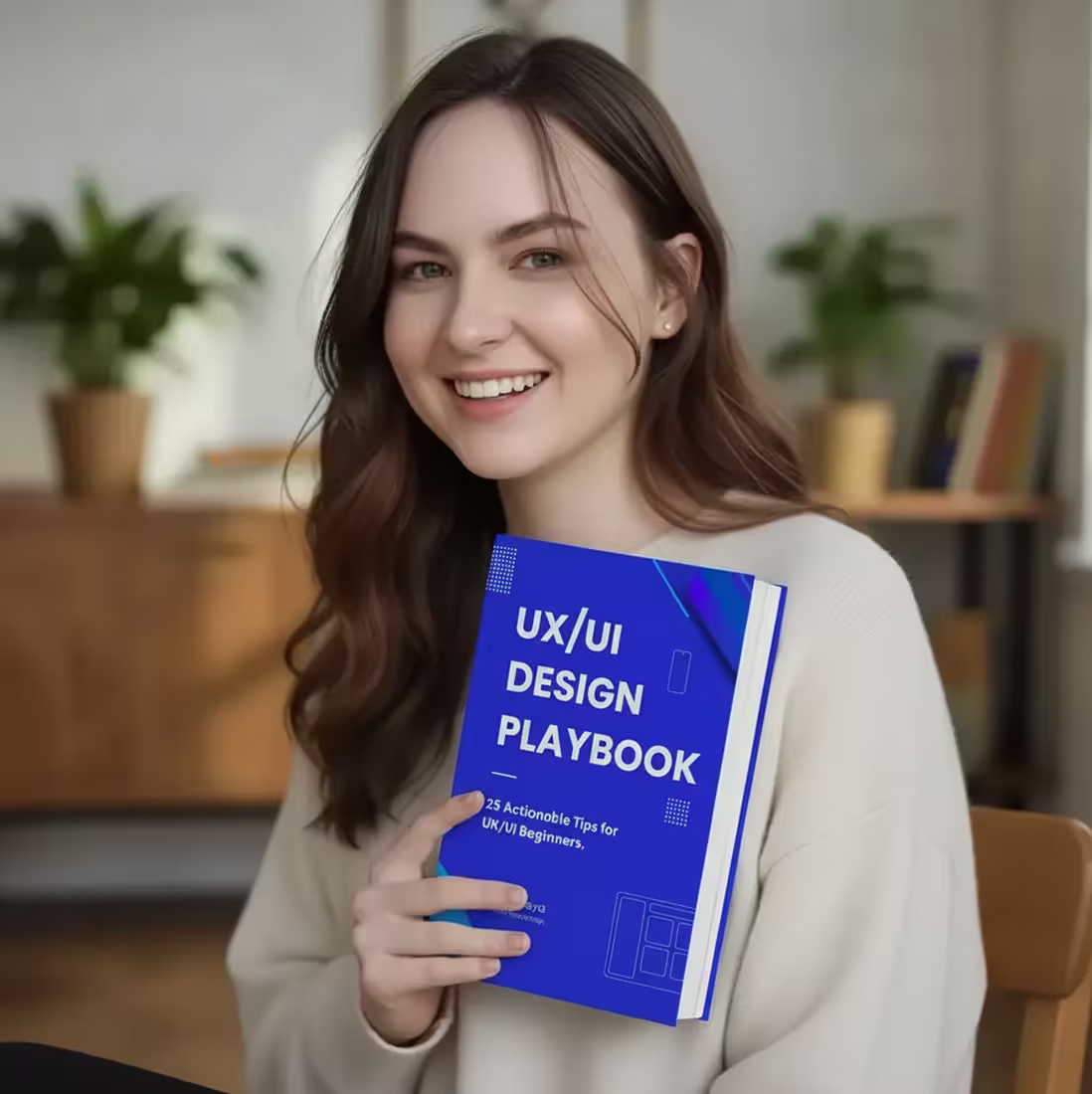 Smiling woman with long brown hair holding a blue book titled 'UX/UI Design Playbook' with subtitle '25 Actionable Tips for UX/UI Beginners'.