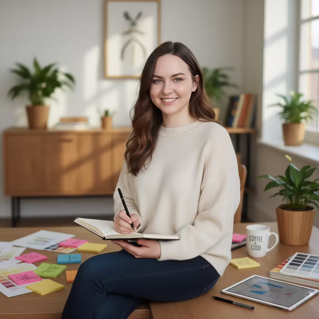 Smiling woman with brown hair sitting on a desk, writing in a notebook surrounded by sticky notes, a tablet, and a coffee mug labeled 'Coffee & Code'.