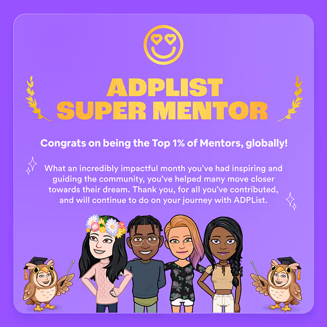 ADPList Super Mentor congratulatory banner with four diverse illustrated mentors and two owl mascots on a purple background.