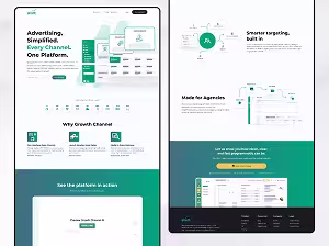 Growth Channel website homepage showing advertising platform features, including multi-channel integration, smarter targeting, agency tools, and a demo preview.