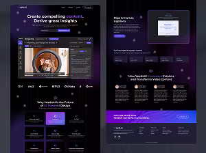 VeedoAI webpage showing AI-powered video content platform with project interface, features like contextual search, flashcards, AI chat, and client testimonials.