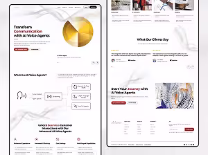 Webpage screenshot showing AI voice agents features, client testimonials, and benefits of enhanced customer interactions with AI technology.