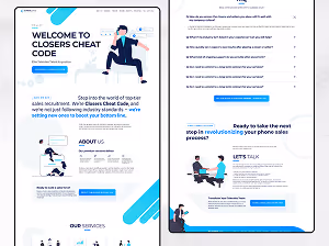 Website landing page for Closers Cheat Code featuring elite telesales talent acquisition, service details, FAQ, and consultation call to actions with illustrations of people working.