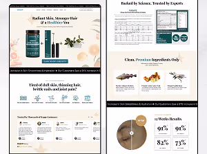 A skincare product advertisement showing Ensanté Premium Marine Collagen with 15% off and free gifts, benefits icons, customer testimonials, scientific certification, premium ingredient descriptions, and clinical trial results showing improvements in skin smoothness, hydration, tone, and firmness after 12 weeks.