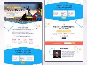 Two-page web design with a welcome message for BoomBricks featuring Lego Batman and Superman figures, campaign success levels, qualifying checklist to submit MOCs, exclusive launch program details, and an about me section with a portrait photo.