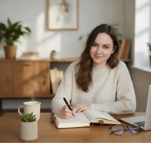 Young woman with long brown hair sitting at a wooden desk writing in a notebook, with a steaming mug, a small potted plant, glasses, and a laptop nearby.