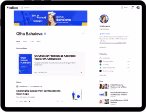 Medium profile page of Olha Bahaieva, UX/UI designer, featuring her featured book UX/UI Design Playbook and a story titled Cleaning Up Google Play: Say Goodbye to Spam Apps.