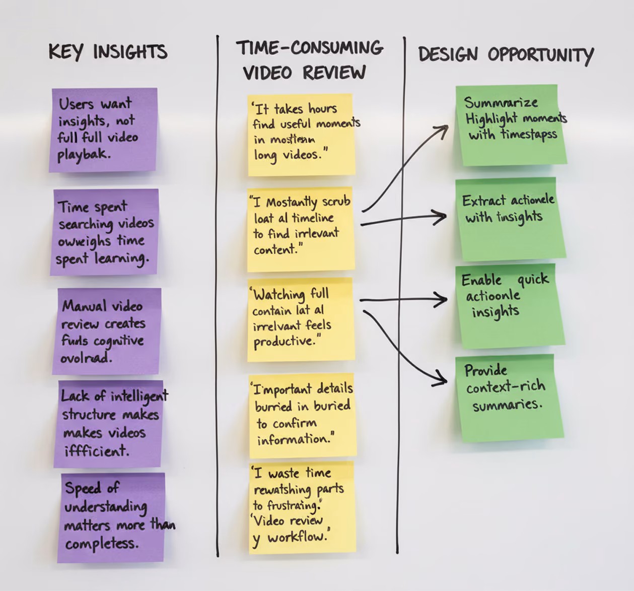 Whiteboard with sticky notes organizing key insights, time-consuming video review quotes, and design opportunities.