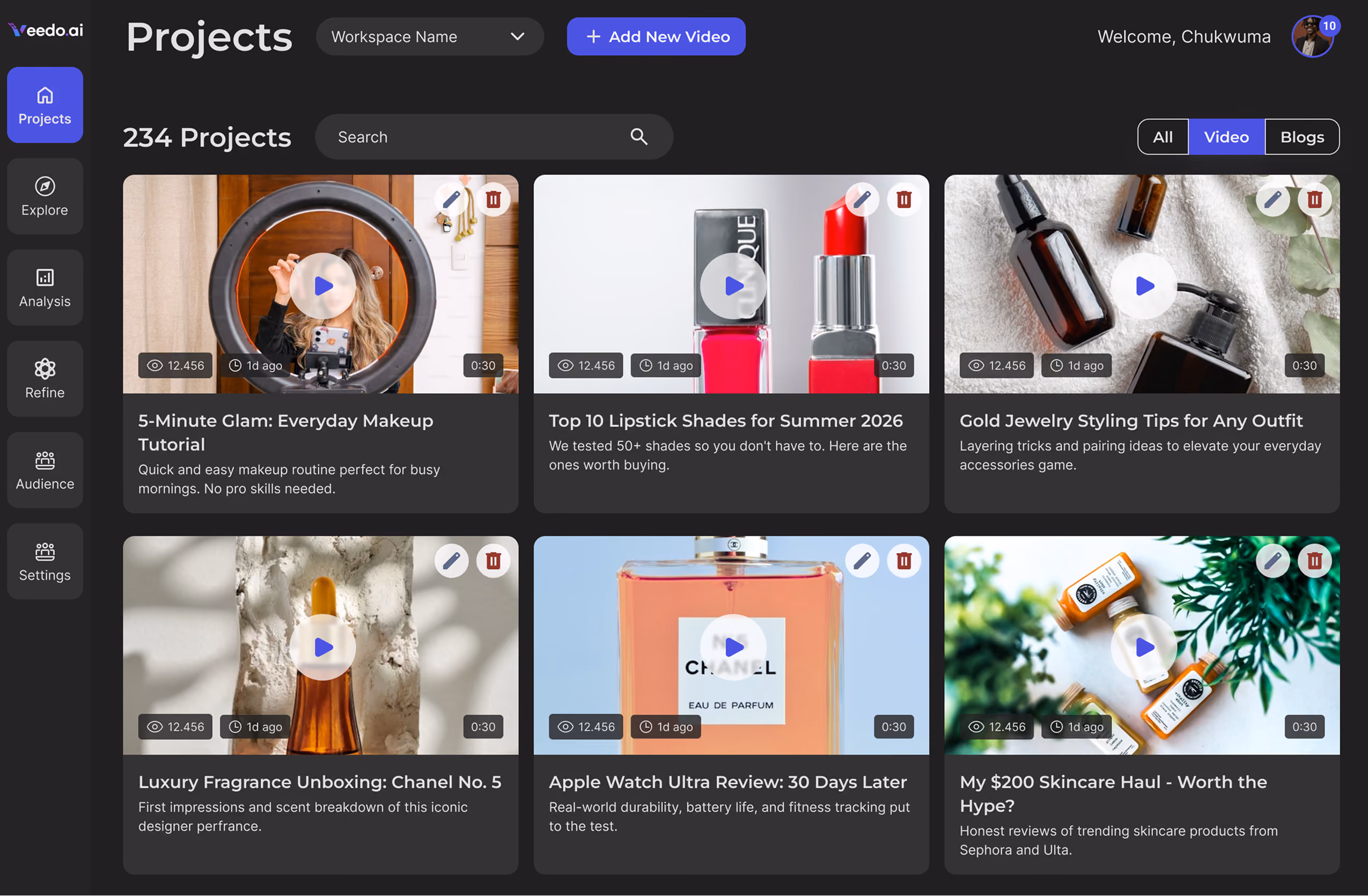 Dashboard showing six video project thumbnails with titles, views, time stamps, and editing options.