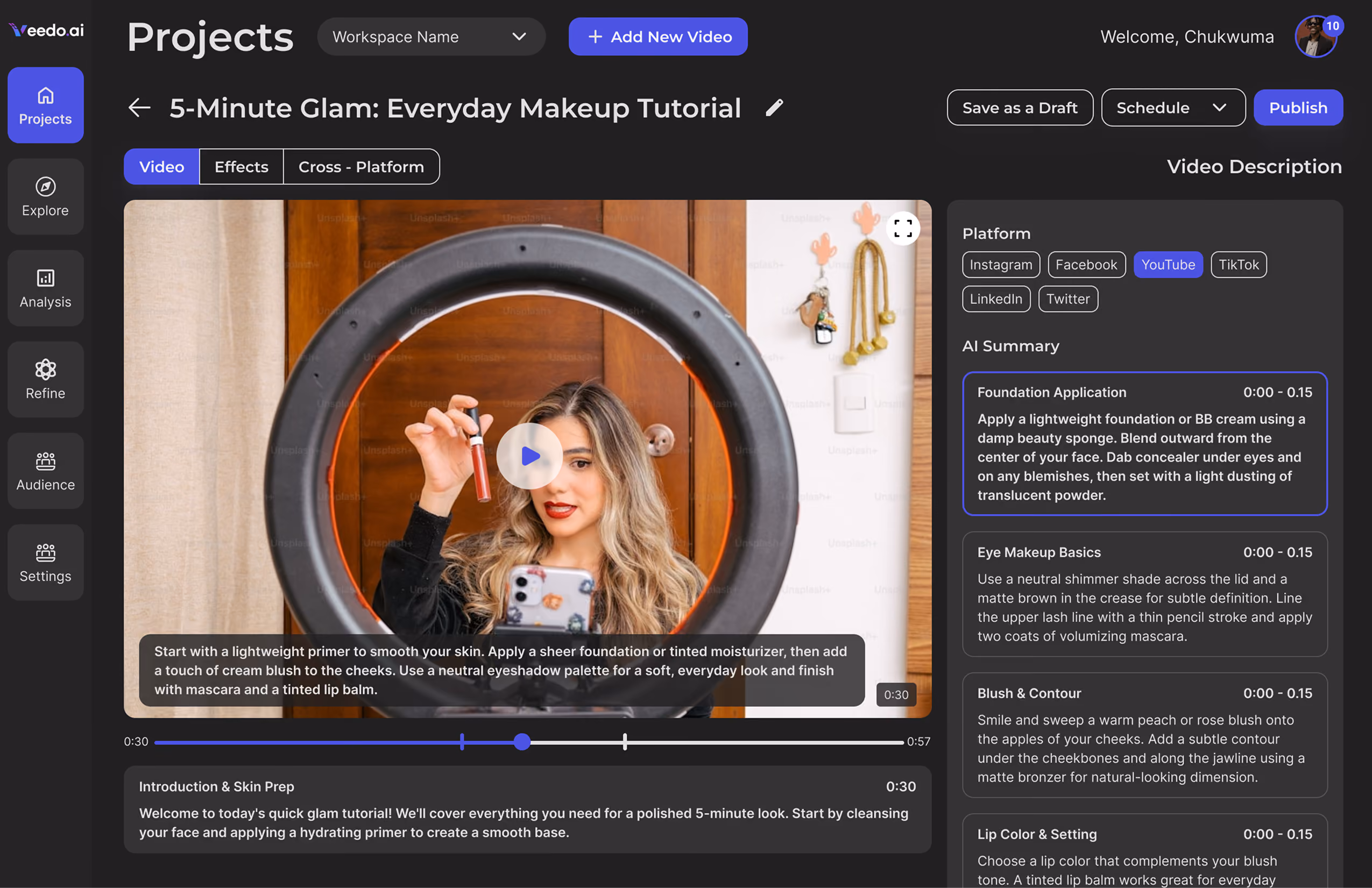Video editing interface showing a makeup tutorial video with AI-generated summary and social platform options.