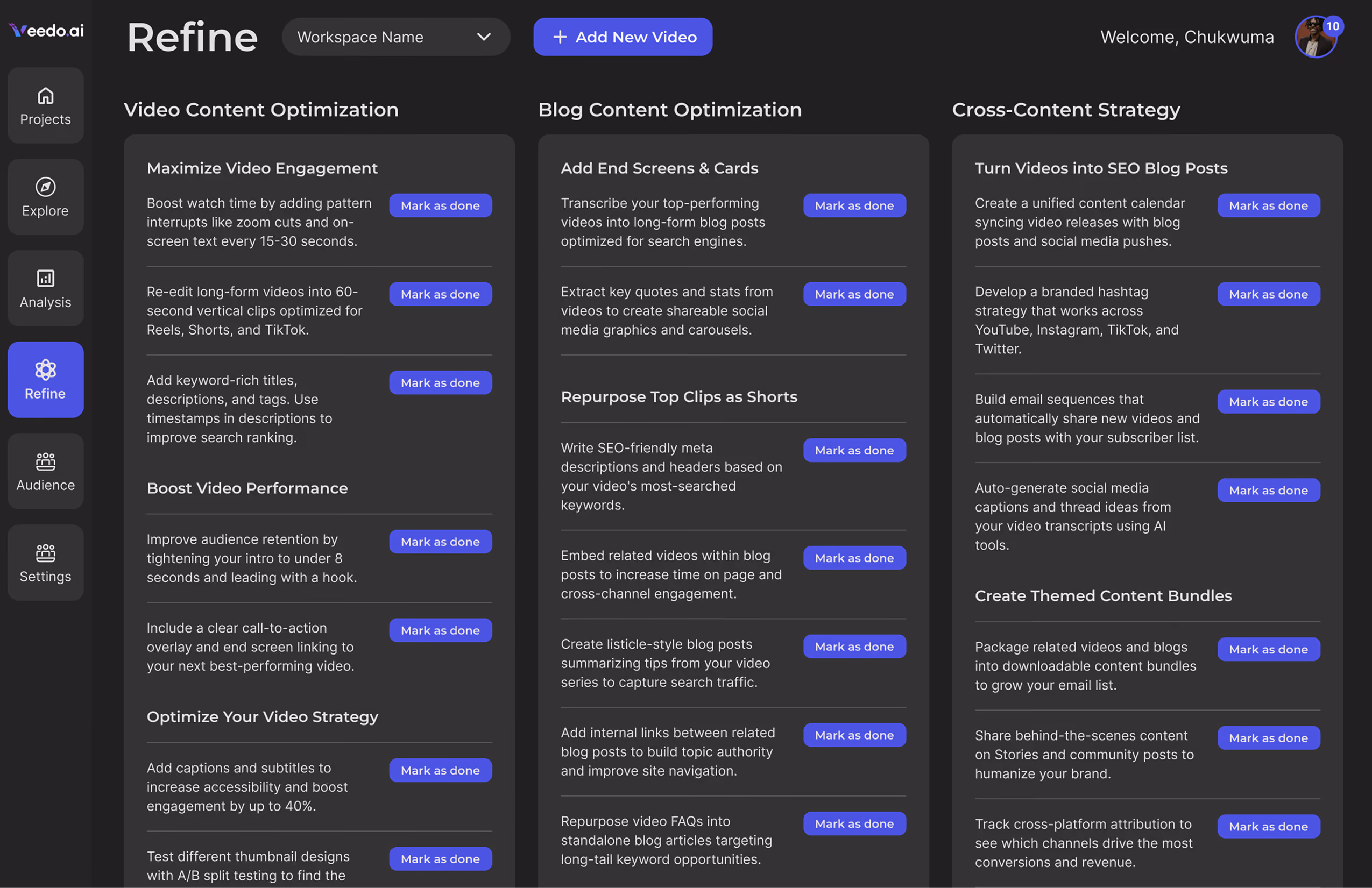 Dashboard interface for video and blog content optimization with tasks and mark-as-done buttons.