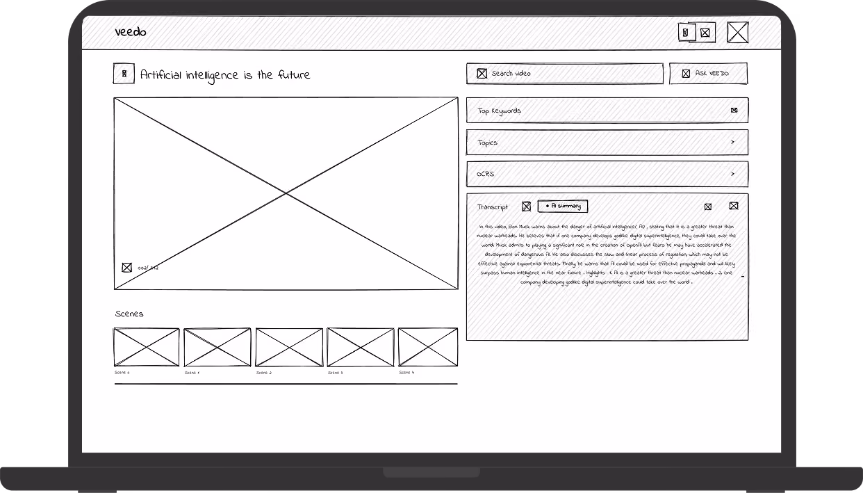 Black and white sketch of a laptop screen showing a video player, search, keywords, topics, and transcript sections.