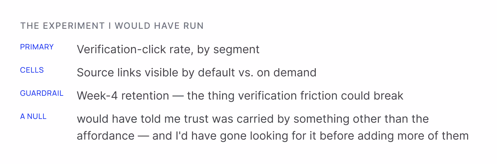 Text outlining an experiment with primary, cells, guardrail, and null hypotheses on verification and trust.