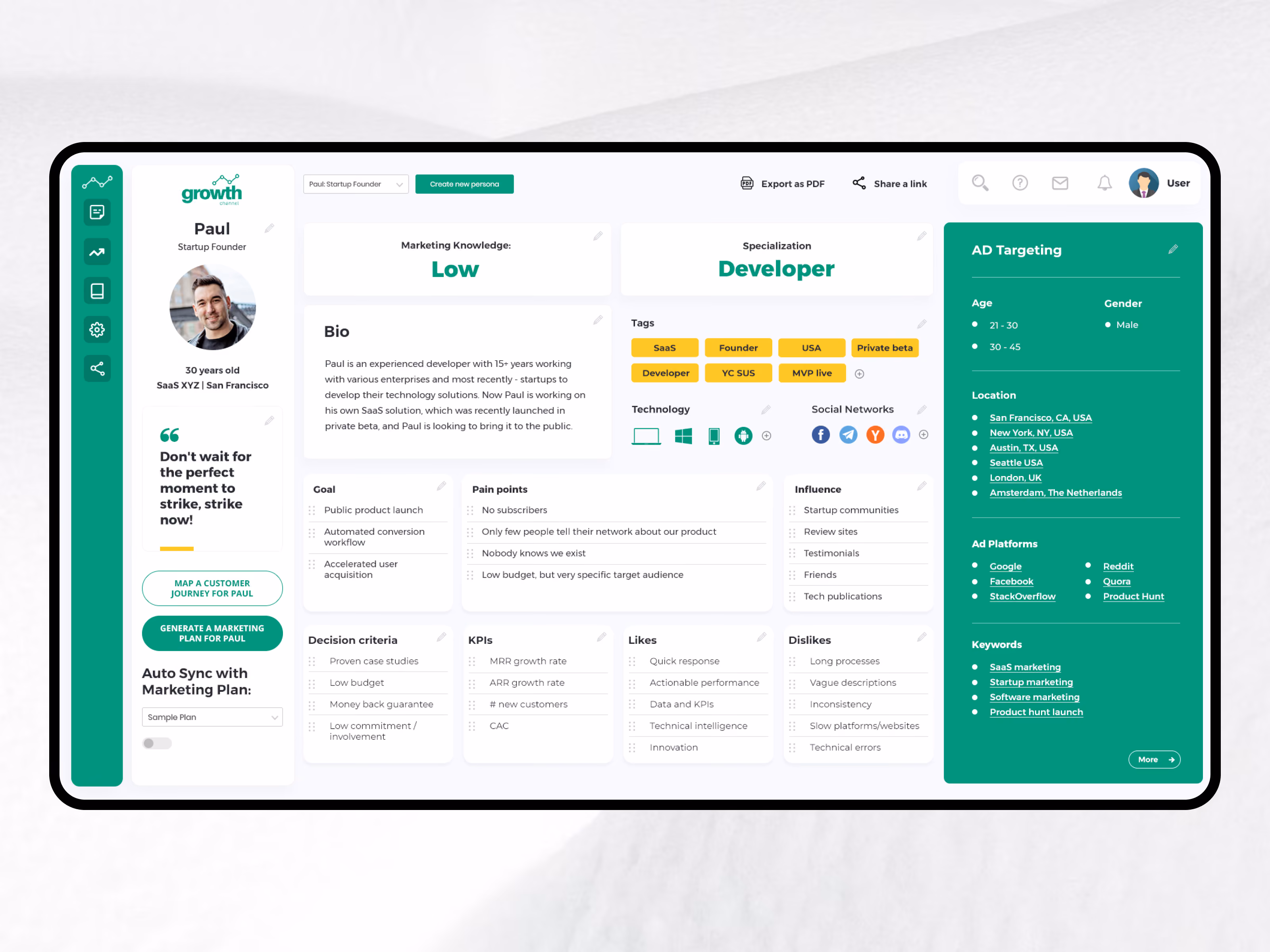 Dashboard interface for Paul, a 30-year-old startup founder from San Francisco, showing marketing knowledge labeled as Low and specialization as Developer. Contains Paul's bio about his startup with low SaaS growth, tags like SaaS, Founder, USA, developer tools, and social network icons. Includes sections on goals such as product launch and user acquisition, pain points like no subscribers and low budget, decision criteria, KPIs including MRR and ARR growth, likes like quick response, dislikes like long processes, and influence sources. On the right is an AD Targeting panel showing age 21-45, male gender, locations including major US cities and Amsterdam, ad platforms like Google and Facebook, and keywords related to SaaS and marketing.