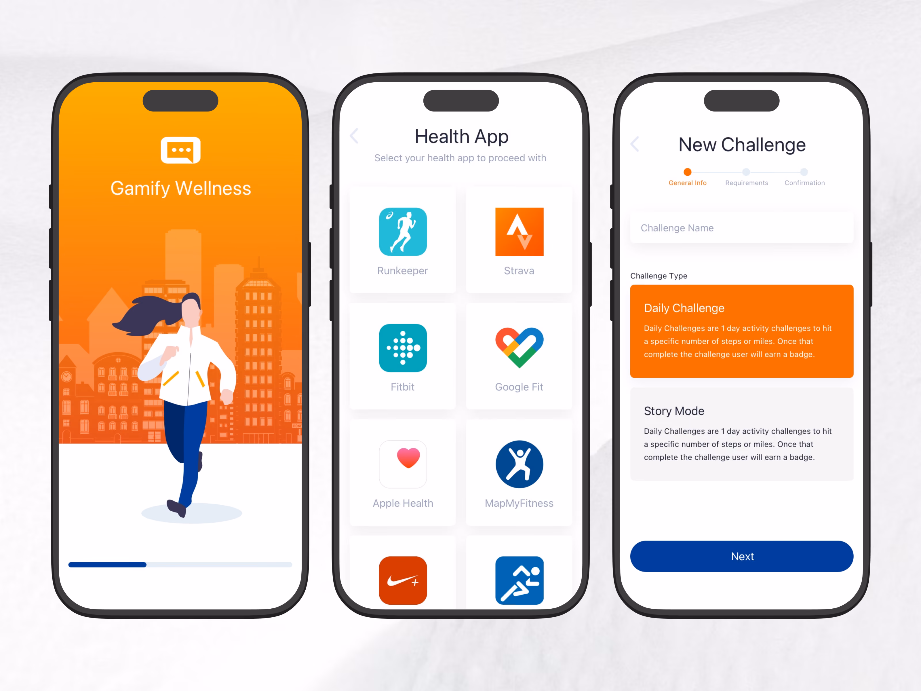 Three smartphone screens displaying the Gamify Wellness app: the first screen shows a woman jogging with an orange cityscape background and a loading bar; the second screen titled Health App presents options to connect with apps like Runkeeper, Strava, Fitbit, Google Fit, Apple Health, MapMyFitness, Nike, and another running app; the third screen titled New Challenge allows creating a challenge with a name field, daily challenge and story mode options explaining the challenge rules, and a blue Next button at the bottom.