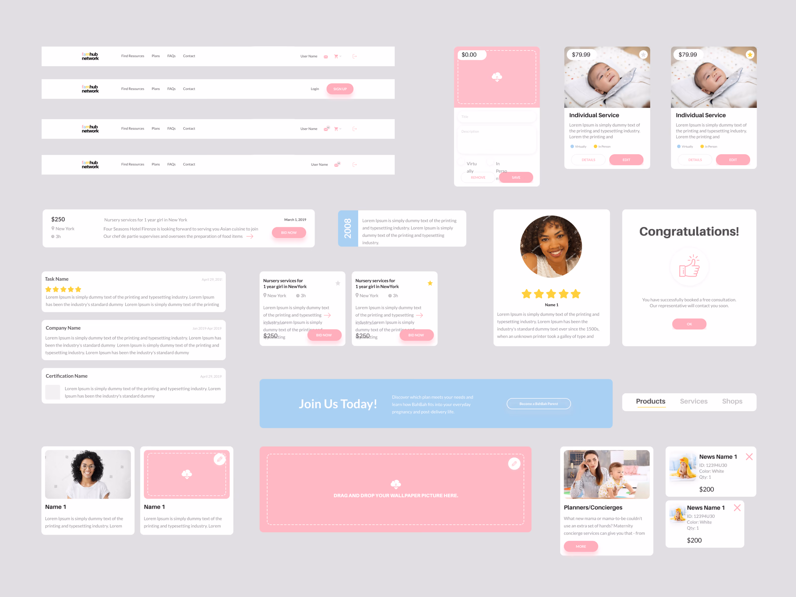 User interface design system with various components including navigation bars, service cards featuring baby photos and service details, rating stars, user profile image with a five-star rating, congratulatory message card, pricing and task cards, buttons, and a call-to-action banner with text 'Join Us Today!' and options for products, services, and shops. The design uses soft pastel colors, mainly pink and blue, on a light gray background.