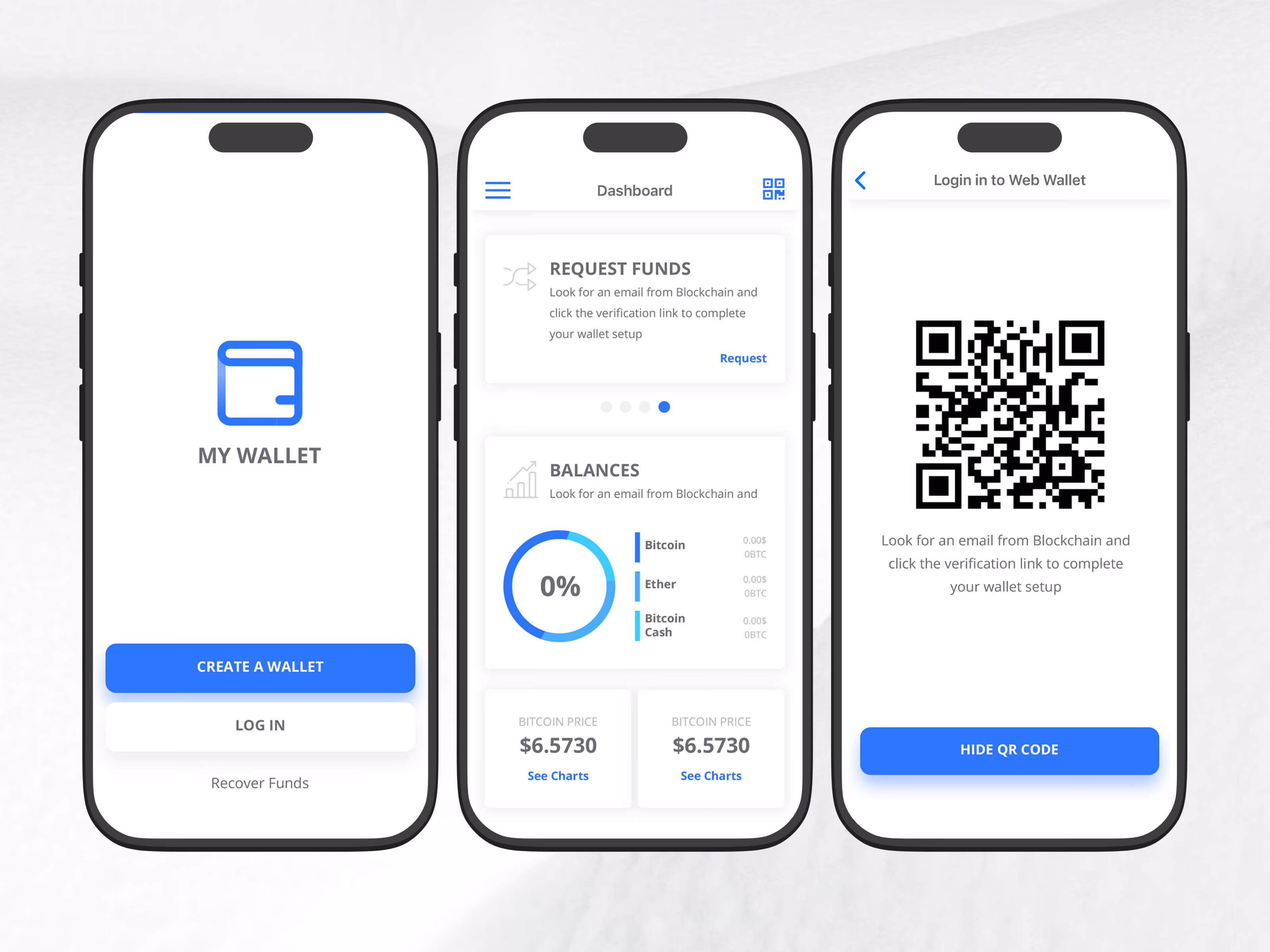 Three smartphone screens displaying a cryptocurrency wallet app interface: left screen shows app logo and buttons for 'Create a Wallet' and 'Log In'; center screen shows dashboard with 'Request Funds' and 'Balances' sections including Bitcoin, Ether, and Bitcoin Cash with 0% circle chart and Bitcoin price $6.5730; right screen shows QR code for login with instruction and a 'Hide QR Code' button.