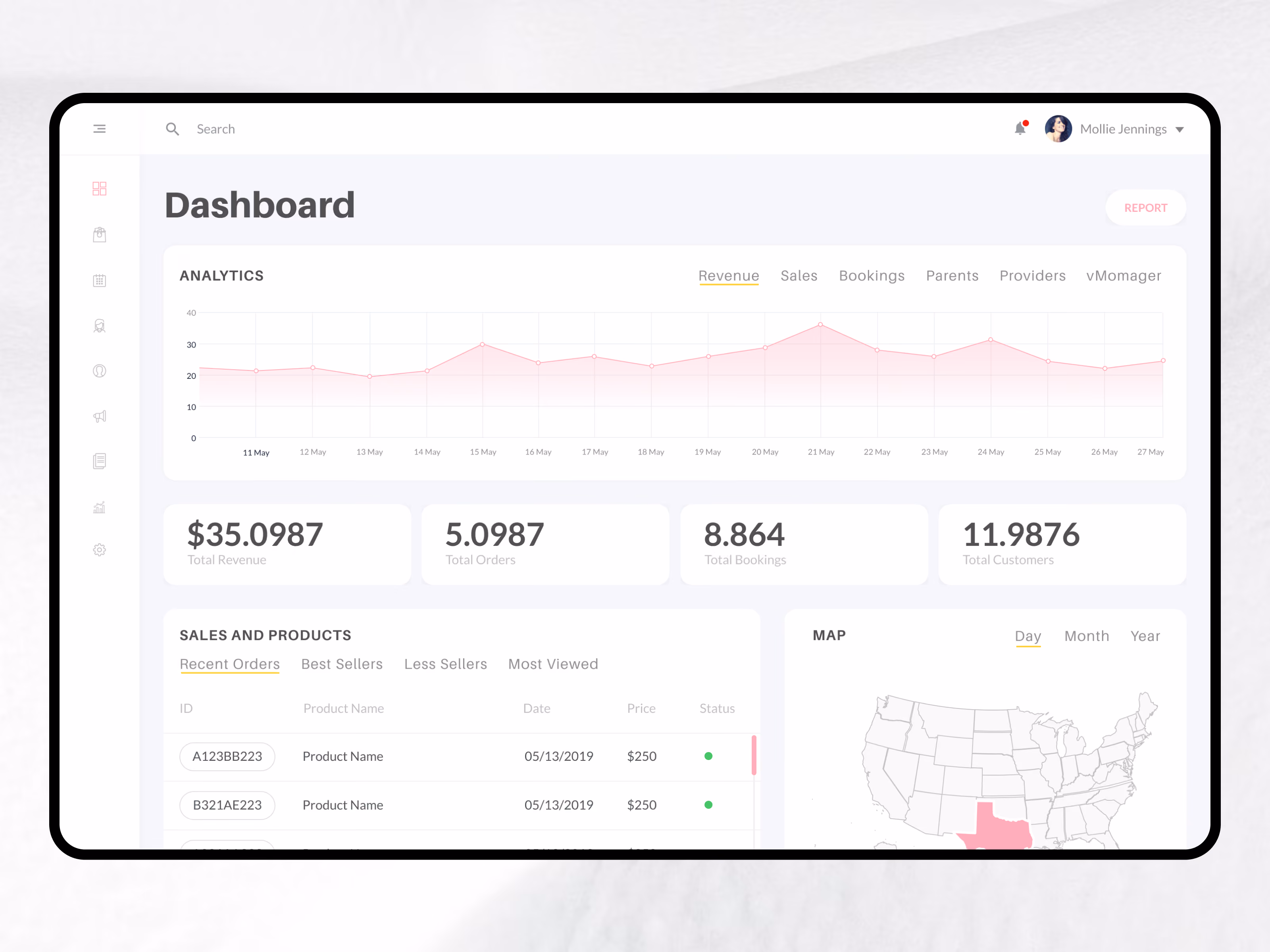 Dashboard screen showing analytics with a revenue line chart, total revenue of $35.0987, total orders 5.0987, total bookings 8.864, and total customers 11.9876. Sections include sales and products with a recent orders list showing two products with dates, prices of $250, and status indicators, plus a U.S. map highlighting Texas. User profile icon and search bar are visible.